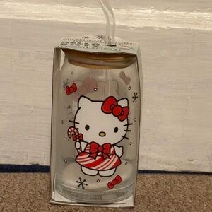 NEW Hello Kitty Glass Tumblr with Straw in Christmas Peppermint Dress